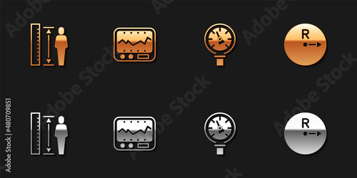 Set Measuring height body, instrument, Pressure water meter and Radius icon. Vector