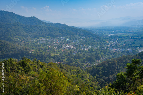 Beautiful Landscape from viewpoint of Wat Thaton temple is a Buddhist ancient temple. © pomphotothailand