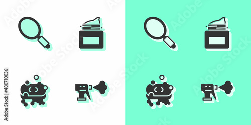 Set Hairdresser pistol spray bottle, Hand mirror, Bar of soap with foam and Cream cosmetic jar icon. Vector
