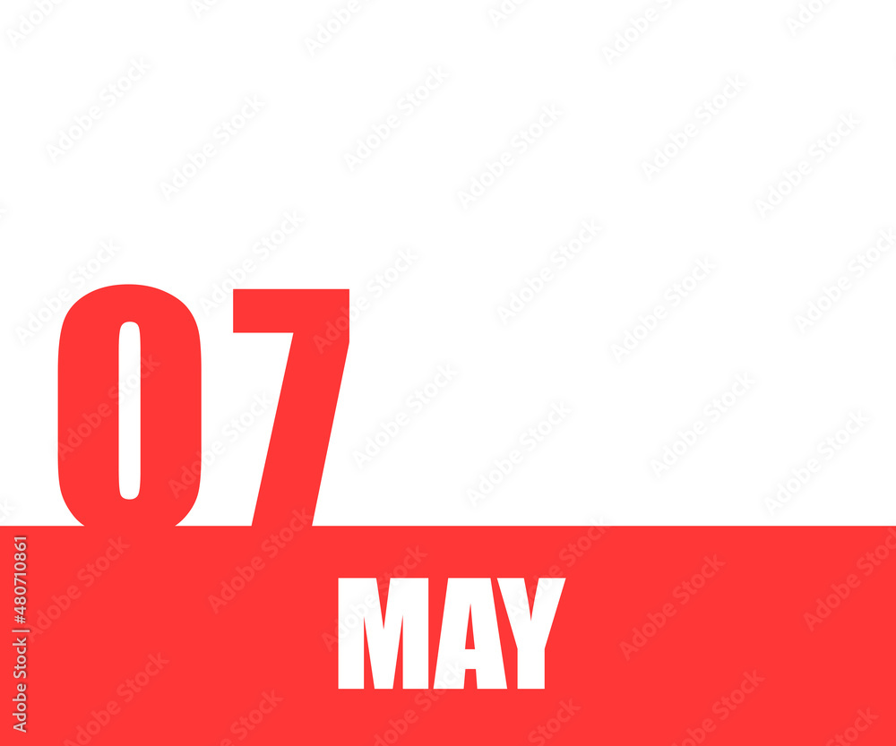 May. 07th day of month, calendar date. Red numbers and stripe with white text on isolated background. Concept of day of year, time planner, spring month May. 07th day of month, calendar date. Red numbers and stripe with white text on isolated background. Concept of day of year, time planner, spring month