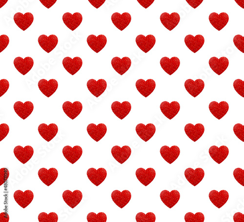 seamless pattern with red hearts, shiny hearts on white background