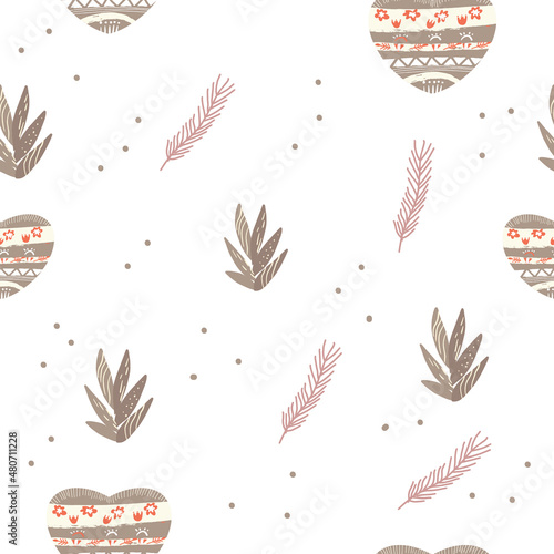 Seamless pattern with decorative abstract heart in scandinavian hygge style, hygge, with elements of nature, leaves.