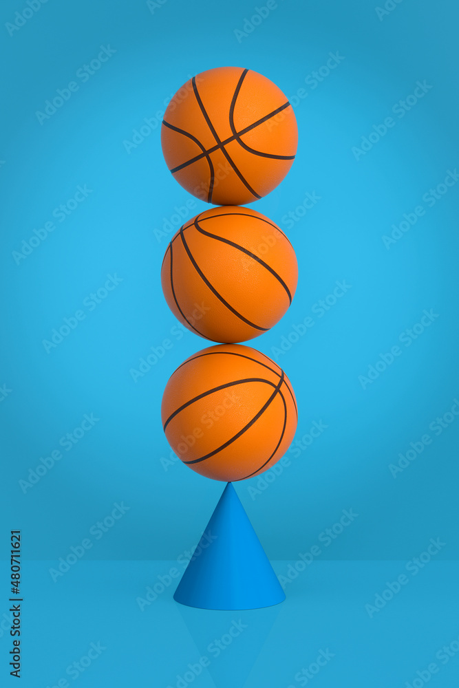 balancing basketball balls on blue background. 3D illustration