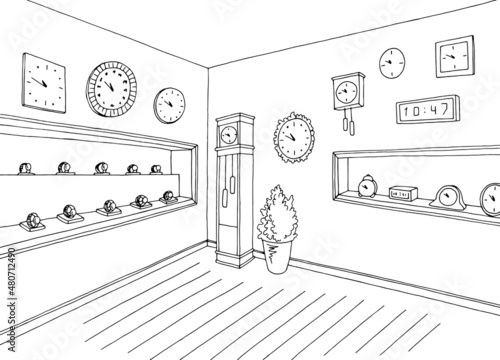 Clock shop store interior graphic black white sketch illustration vector