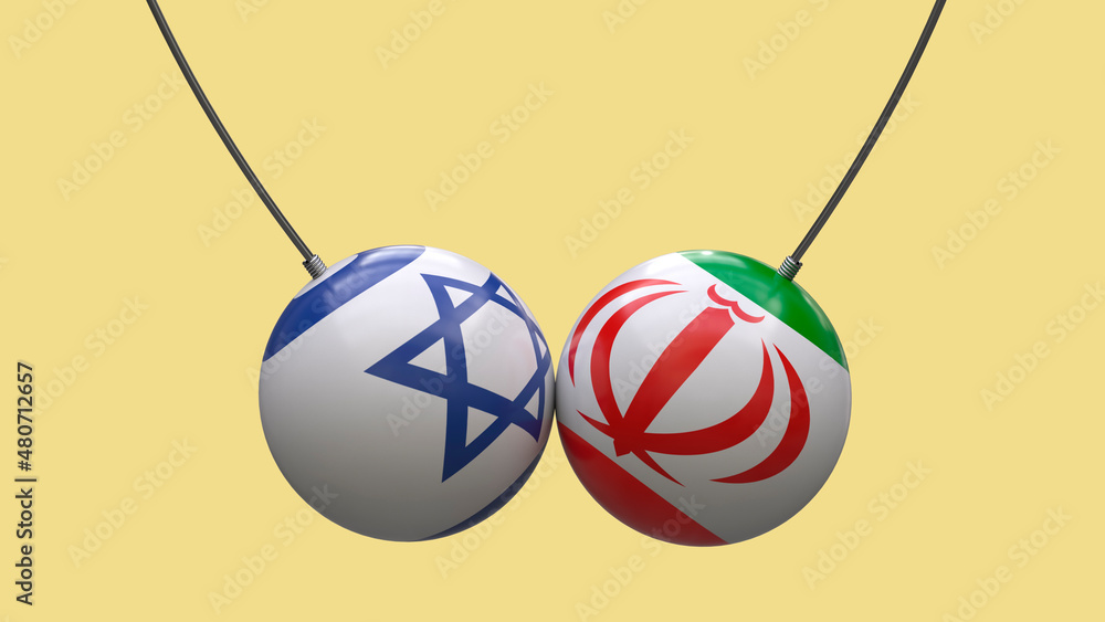 Balls on the ropes in the colors of the national flags of Israel and the Iran collided with each other against a neutral background. 3D rendering. Blank for design. Layout.