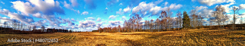 Panorama.View of the frozen Narew River and its surroundings.