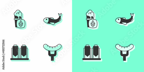 Set Sausage on the fork, Glass of beer, Beer brewing process and Dried fish icon. Vector