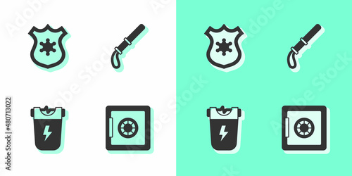 Set Safe, Police badge, electric shocker and rubber baton icon. Vector