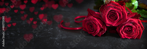 Valentines day with red roses Red roses on dark gray stone plate with tender hearts.Horizontal background for romantc valentine s day greetings with short depth of field and space for your text