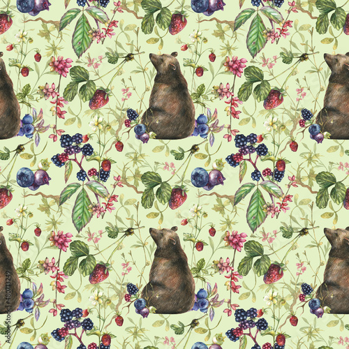 Canvas Print Watercolor seamless pattern with wild berries, herbs, leaves and cute brown bears on a green background