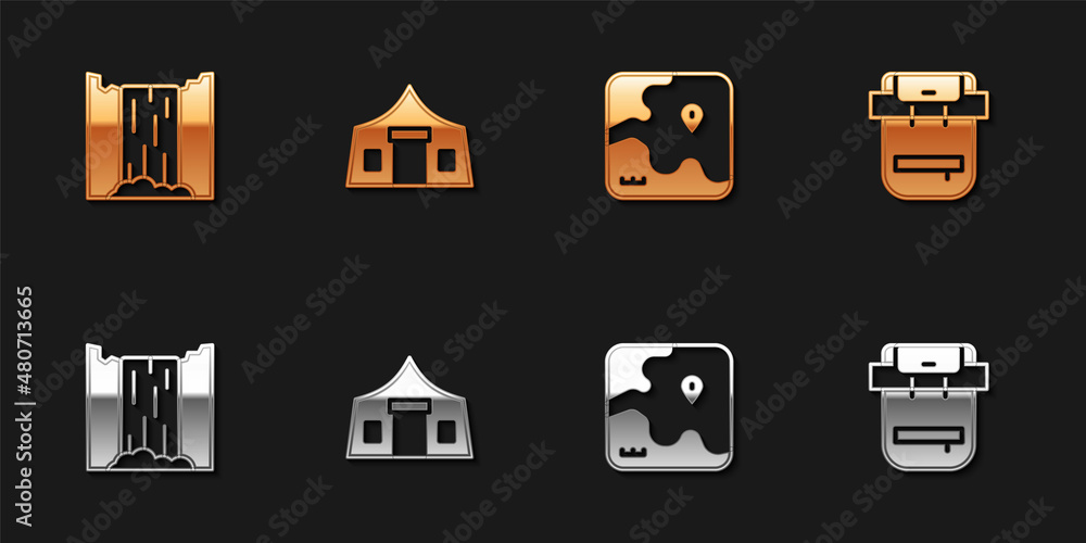 Set Waterfall, Tourist tent, Africa safari map and Hiking backpack icon. Vector Set Waterfall, Tourist tent, Africa safari map and Hiking backpack icon. Vector