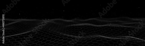 Futuristic black hexagon dynamic wave. Futuristic honeycomb concept. Digital technology webflow. Big data visualization. 3D rendering. © Vitalii