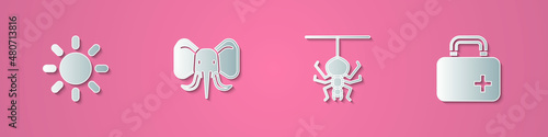 Set paper cut Sun, Elephant, Spider and First aid kit icon. Paper art style. Vector