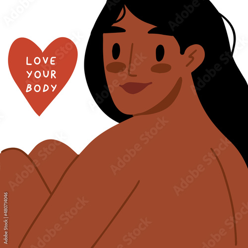 Young naked women poster. Body positive concept. Love yourself, self acceptance and care, feminism. Self help. Psychological and physical health. Print, poster, greeting card. Love your body text