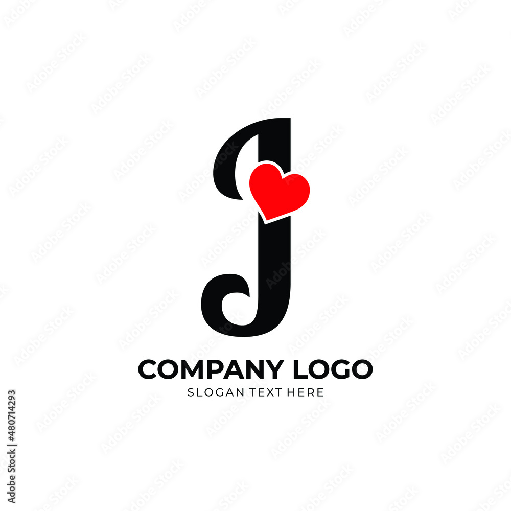 Fototapeta premium J letter logo with heart icon, Happy Valentines initial J logo, Valentines Day greeting card banner logo template