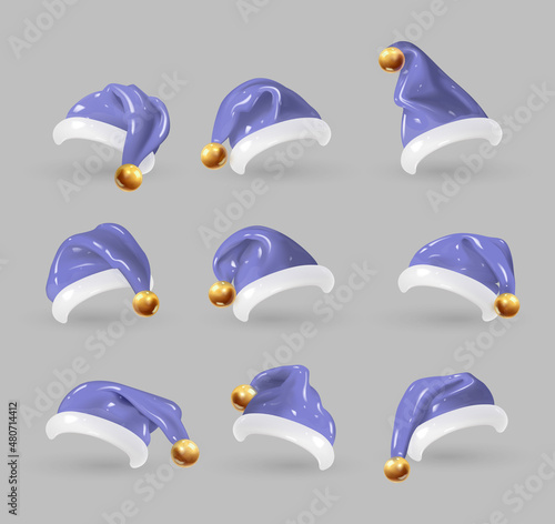 Set of 3D cartoon Santa Claus hats in trendy Very peri color, the colors of 2022