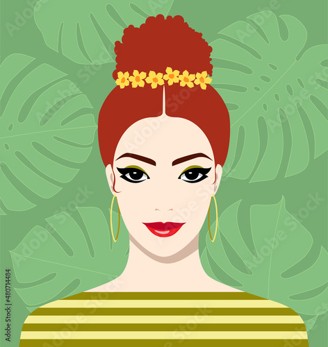 Beautiful young smiling redhead woman with yellow flowers in her hair wearing large gold hoop earrings and striped dress against green background with palm leaves, colorful vector illustration