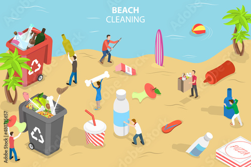 3D Isometric Flat Vector Conceptual Illustration of Beach Cleaning