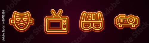 Set line Drama theatrical mask, Retro tv, 3D cinema glasses and Movie, film, media projector. Glowing neon icon. Vector