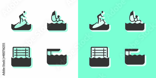 Set Diving board or springboard, Surfboard, Water polo and Windsurfing icon. Vector