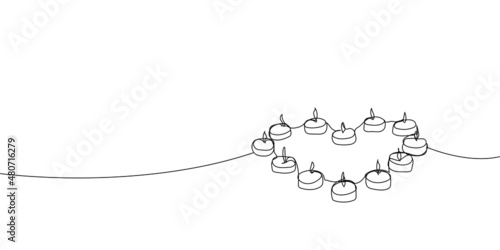 Tea light candles laid out in the shape of a heart continuous line drawing. One line art of memorable date, light, romance, congratulations, love, atmosphere.
