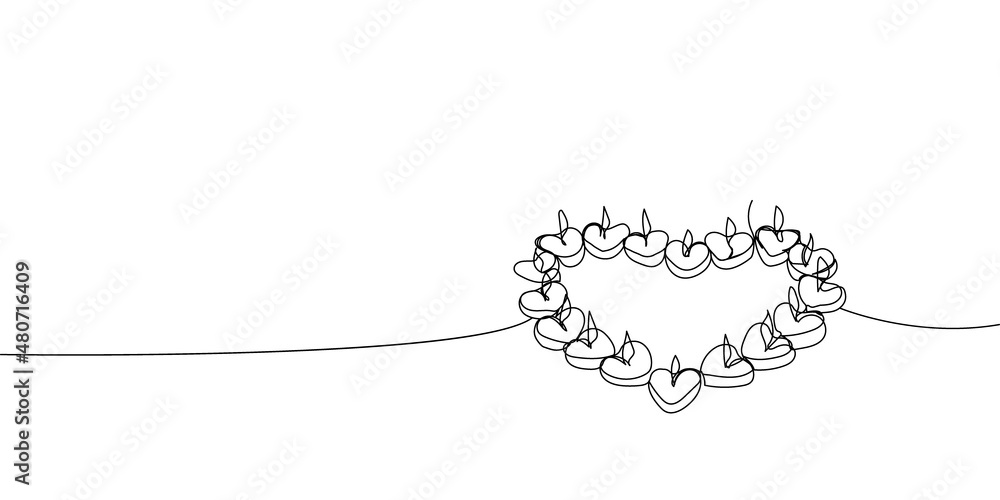 Obraz premium Small candles in the shape of a heart continuous line drawing. One line art of memorable date, light, romance, congratulations, love, atmosphere.