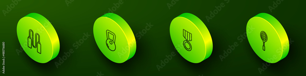 Set Isometric line Jump rope, Kettlebell, Medal and Tennis racket icon. Vector Set Isometric line Jump rope, Kettlebell, Medal and Tennis racket icon. Vector