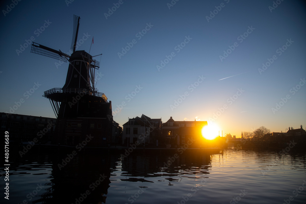 Windmill De Adriaan in the city centre of Haarlem at sunrise
