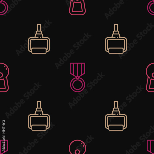 Set line Kettlebell, TPX loop training equipment and Medal on seamless pattern. Vector