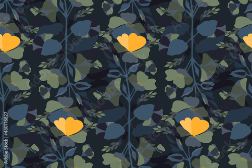 Vector floral seamless pattern. Blue, yellow and olive colored flowers and leaves on a dark background. 