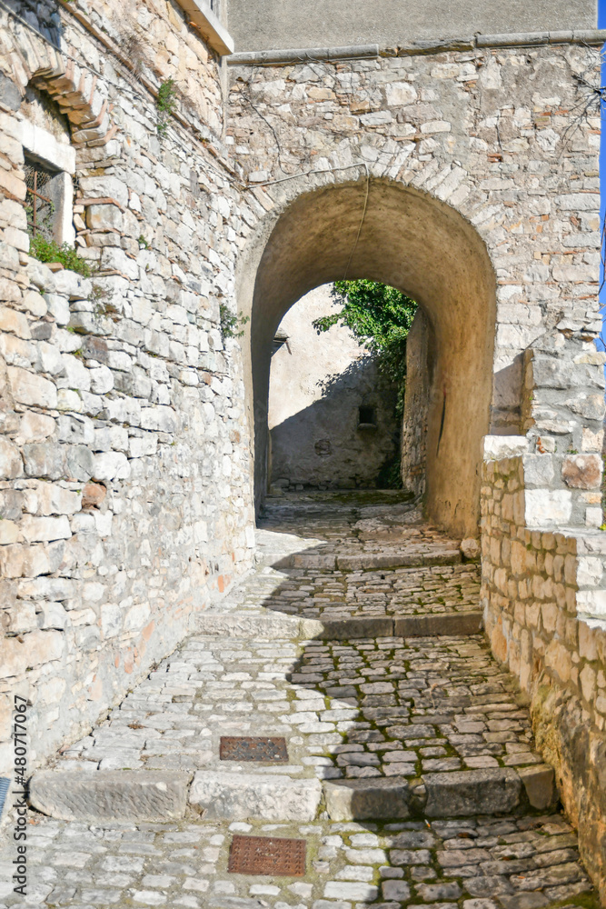 A street among the characteristic houses of Buonalbergo, a mountain village in the province of Benevento, Italy.