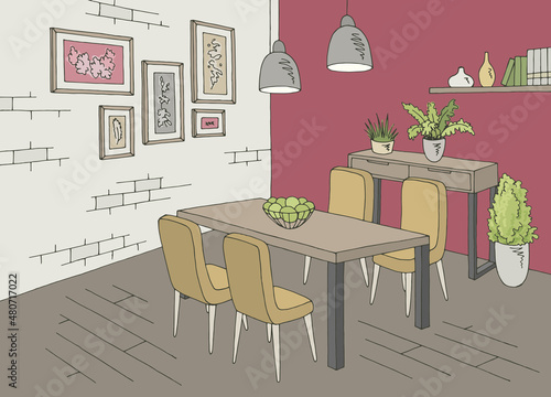 Dining room home interior graphic color sketch illustration vector 