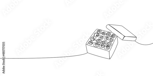 Box of candies continuous line drawing. One line art of decoration, sweets, cupcakes, muffin, chocolate, gift, romance, March 8, birthday, valentine s day, relationship, love.