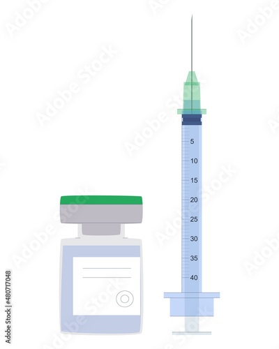 A jar with the drug and a syringe. Cosmetology, vaccination, treatment. Flat vector illustration isolated on white background.