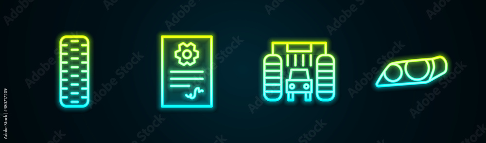 Set line Car tire wheel, Auto service check automotive, wash and headlight. Glowing neon icon. Vector Set line Car tire wheel, Auto service check automotive, wash and headlight. Glowing neon icon. Vector
