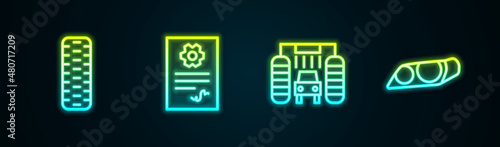 Set line Car tire wheel, Auto service check automotive, wash and headlight. Glowing neon icon. Vector