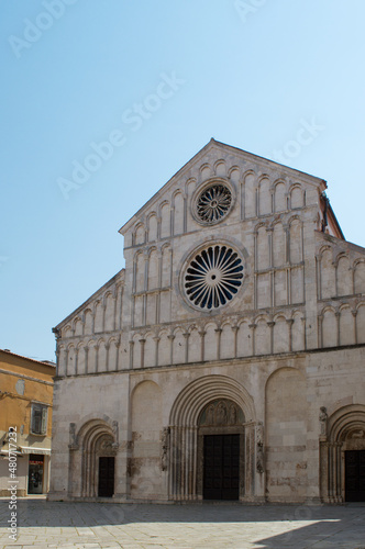 Cathedral of St Anastasia, Roman Catholic cathedral of Zadar, Croatia, in Romanesque style, front facade with rose windows
