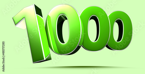 Number 1000 green 3D illustration light green background with clipping path.
