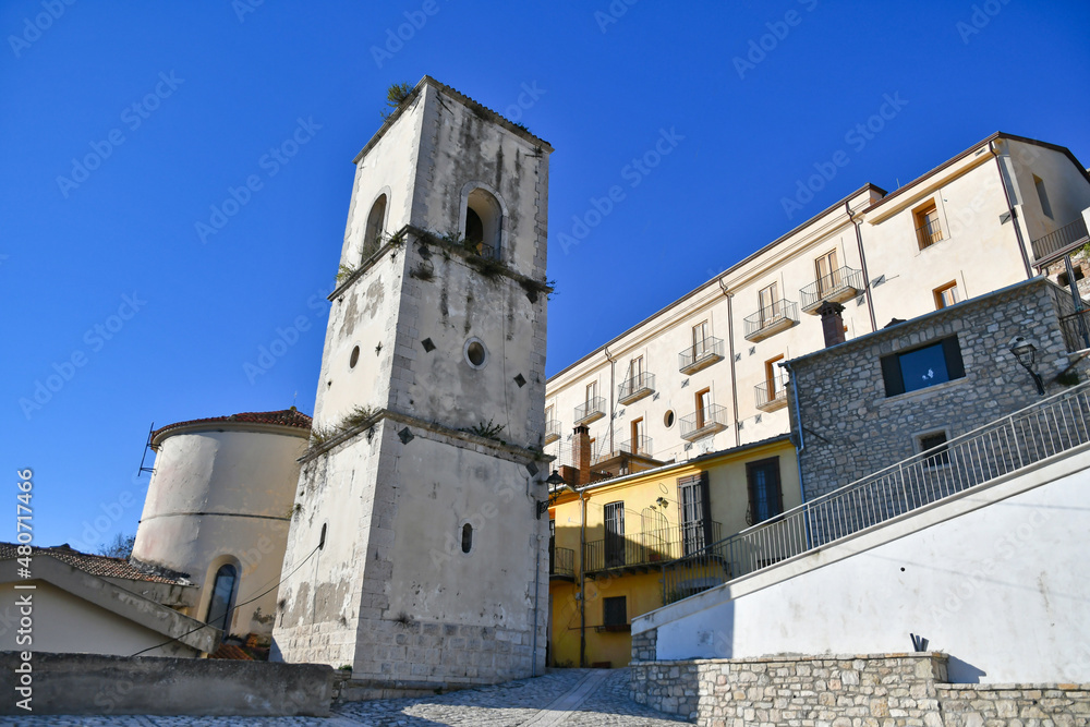 The bell tower of the church of Buonalbergo, a mountain village in the province of Benevento, Italy.