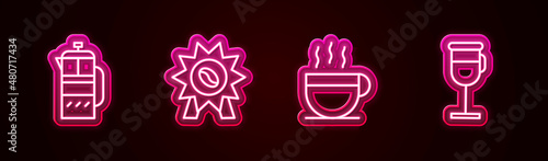 Set line French press, Medal for coffee, Coffee cup and Irish. Glowing neon icon. Vector