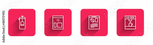 Set line French press, Bag of coffee beans, Newspaper and and Coffee machine with long shadow. Red square button. Vector