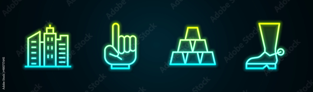 Set line City landscape, Number 1 one fan hand glove, Gold bars and Cowboy boot. Glowing neon icon. Vector Set line City landscape, Number 1 one fan hand glove, Gold bars and Cowboy boot. Glowing neon icon. Vector