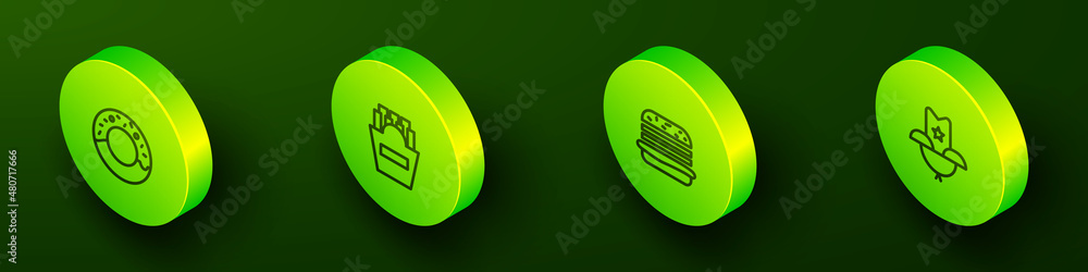 Set Isometric line Donut, Potatoes french fries in box, Burger and Western cowboy hat icon. Vector Set Isometric line Donut, Potatoes french fries in box, Burger and Western cowboy hat icon. Vector