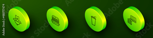 Set Isometric line Western cowboy hat, Burger, Paper glass with straw and Indian headdress feathers icon. Vector