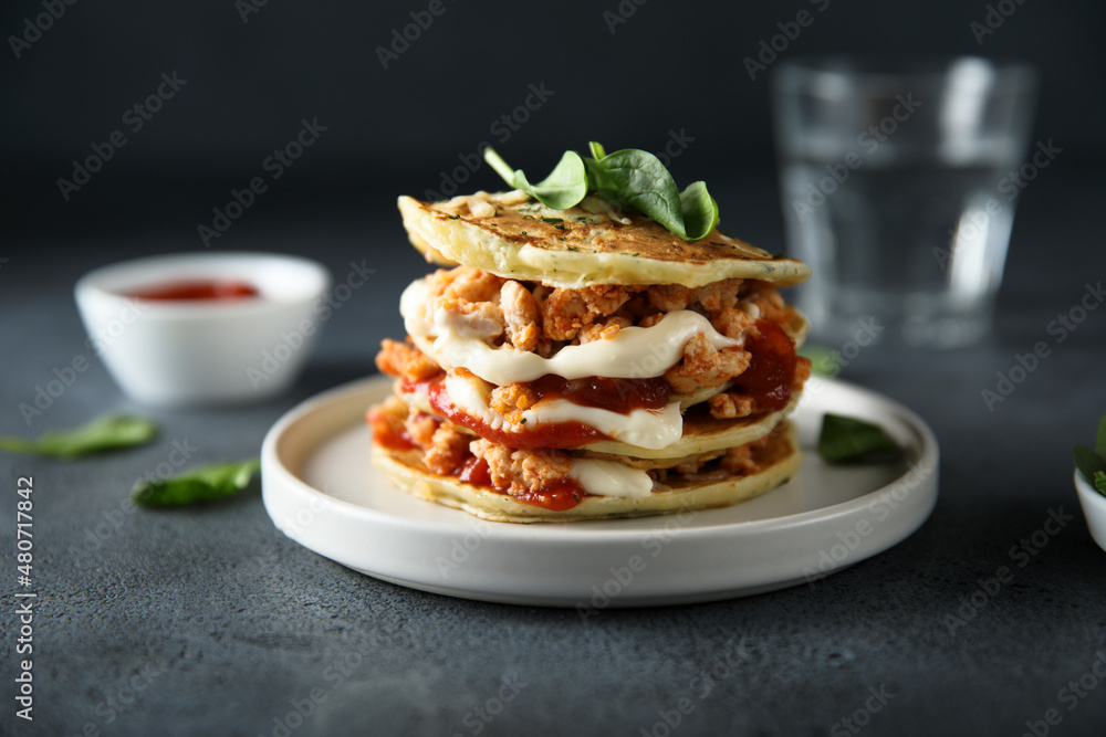 Savory pancakes with chicken and cheese