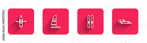 Set line Kayak or canoe, Windsurfing, Ski and sticks and Formula 1 racing car with long shadow. Red square button. Vector