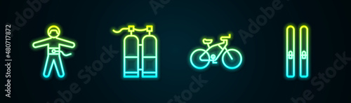 Set line Bungee jumping, Aqualung, Bicycle and Ski and sticks. Glowing neon icon. Vector
