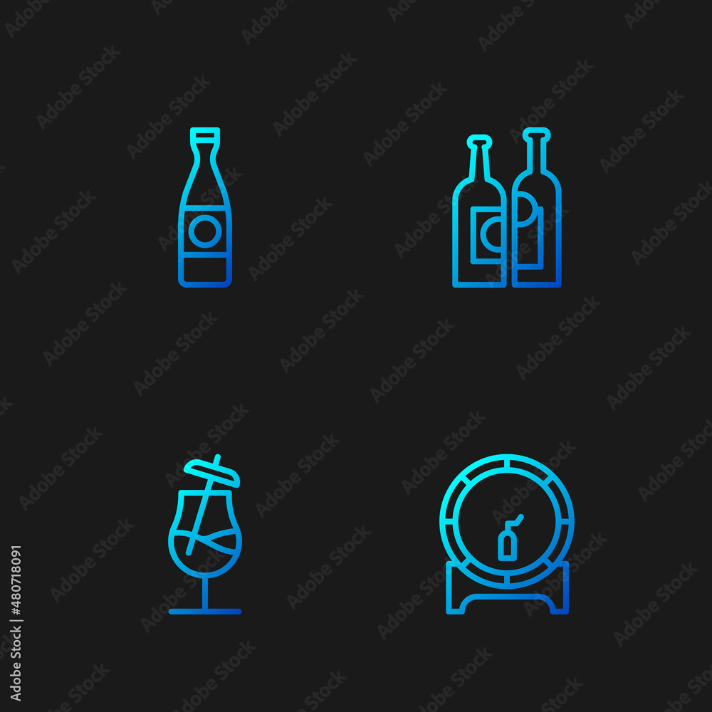 Set line Wooden barrel on rack, Cocktail, Beer bottle and Bottles of wine. Gradient color icons. Vector Set line Wooden barrel on rack, Cocktail, Beer bottle and Bottles of wine. Gradient color icons. Vector
