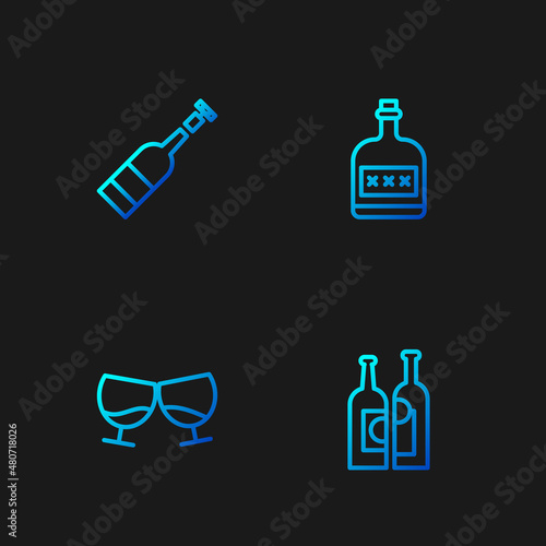 Set line Bottles of wine, Glass cognac or brandy, Opened bottle and Alcohol drink Rum. Gradient color icons. Vector