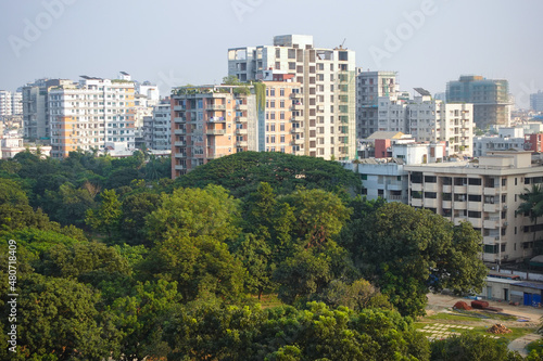 high angle view of dhaka city residential and financial buildings at sunny day 